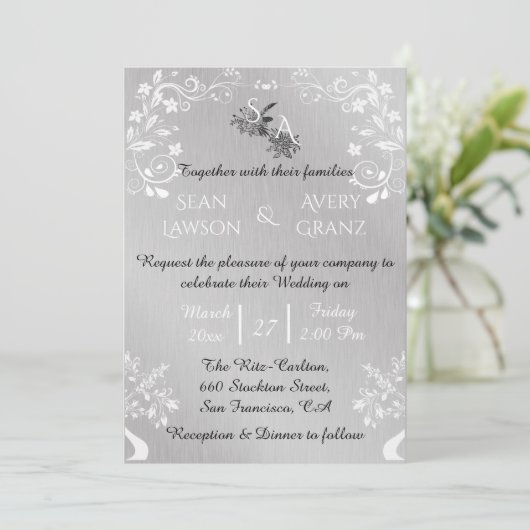  zilver & wit siergrens bruiloft kaart (Staand voorkant)