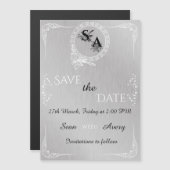 zilver & wit siergrens bruiloft magnetische uitnodiging (Voorkant / Achterkant)