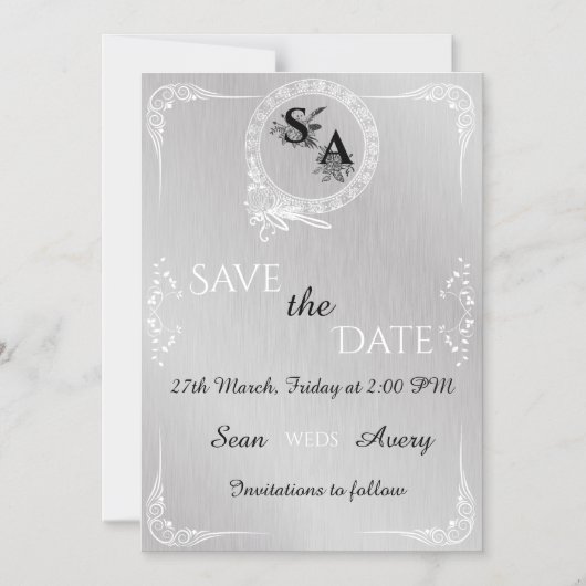 zilver & wit siergrens bruiloft magnetische uitnodiging (Voorkant)