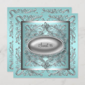 Zilver Wit Turkoois Blauw Sweet 16 Verjaardagsfees Kaart (Voorkant / Achterkant)
