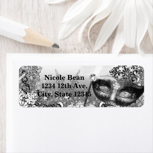 Zilver Wit Zwart Masquerade & Winter Sneeuwvlokken Etiket (Insitu)