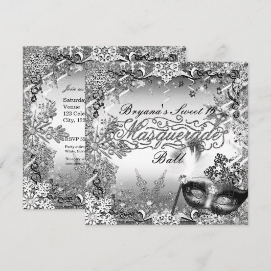Zilver Wit Zwart Masquerade & Winter Sneeuwvlokken Kaart (Voorkant / Achterkant)