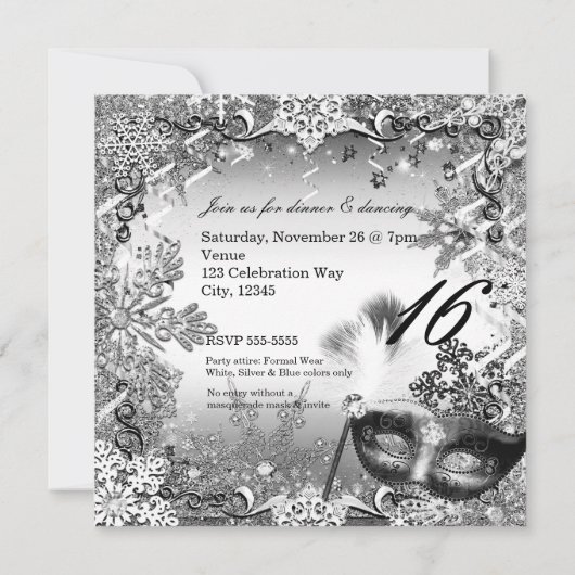 Zilver Wit Zwart Masquerade & Winter Sneeuwvlokken Kaart (Achterkant)