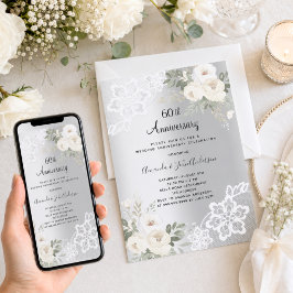 Zilver witte bloemen 60ste huwelijksjubileum kaart