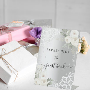 Zilver witte bloemen kant gast boek teken reclamebord met voetstuk