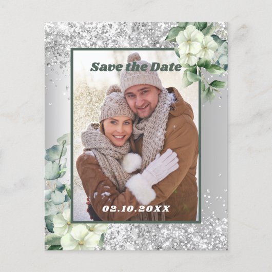 Zilver witte bloemenfoto Save the Date bruiloft Flyer (Voorkant)