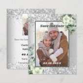 Zilver witte bloemenfoto Save the Date-huwelijk (Voorkant / Achterkant)