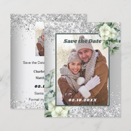 Zilver witte bloemenfoto Save the Date-huwelijk (Voorkant / Achterkant)