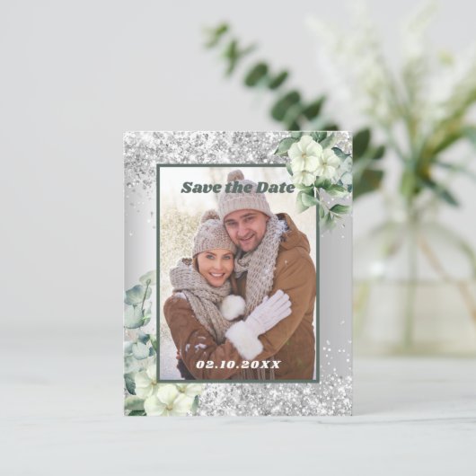 Zilver witte bloemenfoto Save the Date-huwelijk (Staand voorkant)