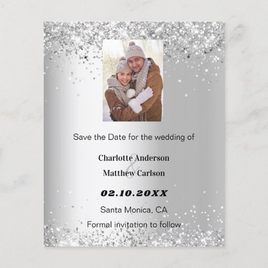 Zilver witte bloemenfoto Save the Date-huwelijk (Achterkant)