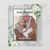 Zilver witte bloemenfoto Save the Date-huwelijk (Voorkant)