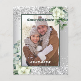 Zilver witte bloemenfoto Save the Date-huwelijk Flyer