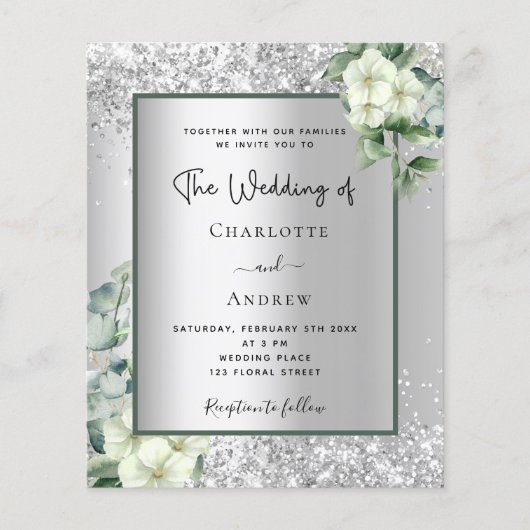 Zilver witte bloemige eucalyptus trouwuitnodiging (Voorkant)