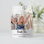 Zilver witte bloemrijke kanten Bruiloftsbruiloft f Bedankkaart (Staand voorkant)