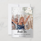 Zilver witte bloemrijke kanten Bruiloftsbruiloft f Bedankkaart (Voorkant)