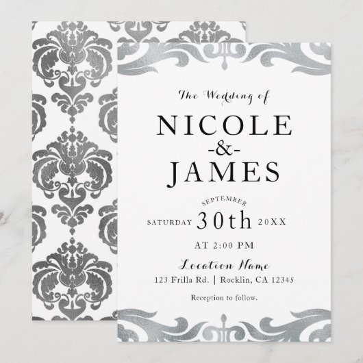 Zilver & Witte Damast Chic Elegante Minimaal Huwel Kaart (Voorkant / Achterkant)