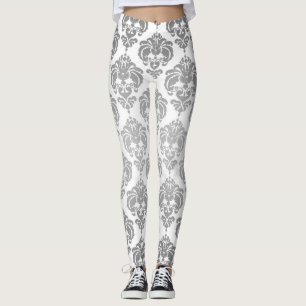 Zilver & Witte Damast Chic Moderne Elegante Patroo Leggings