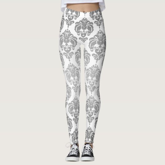 Zilver & Witte Damast Chic Moderne Elegante Patroo Leggings (Voorkant)