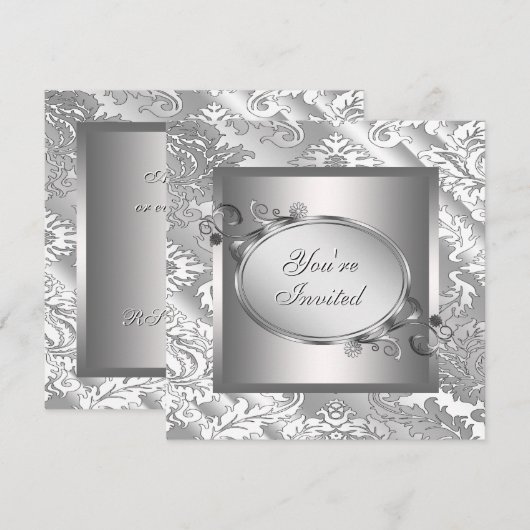 Zilver Witte Damast Feest Kaart (Voorkant / Achterkant)