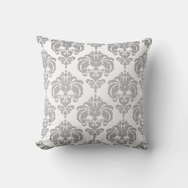 Zilver & Witte Damast Moderne Elegante Patroon Kussen (Voorkant)
