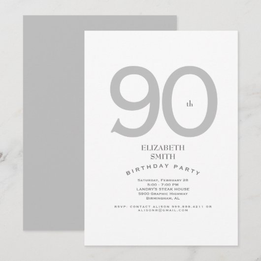 Zilver & Witte Elegante 90ste Verjaardagsfeest Kaart (Voorkant / Achterkant)