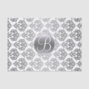 Zilver Witte Glam Damask Monogram Letter Initiaal Tissuepapier