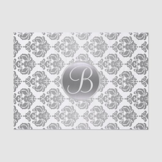 Zilver Witte Glam Damask Monogram Letter Initiaal Tissuepapier (Voorkant)