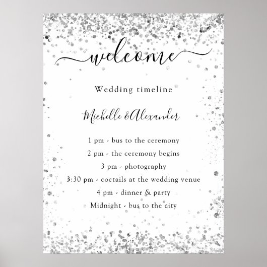 Zilver witte glitters elegante trouwprogramma poster (Voorkant)