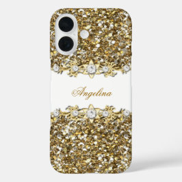 Zilver Witte Gouden Nep Diamant Juweel Glitters iPhone 16 Hoesje