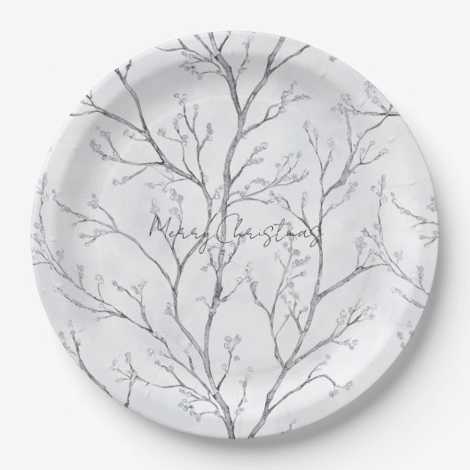 Zilver Witte Kerstmis Winter Bomen Papieren Bordje (Voorkant)