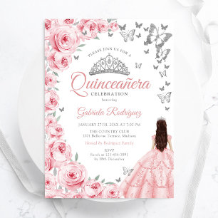 Zilver Witte Roze Bloemige Quinceanera Kaart