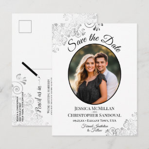 Zilver & Witte Trouw Save the Date Ovale Foto Aankondigingskaart