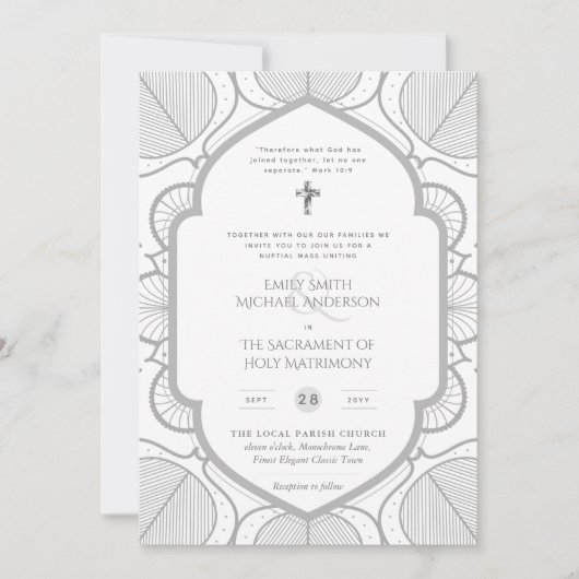 Zilver Witte Versierde Katholieke Huwelijksmis Tro Kaart (Voorkant)