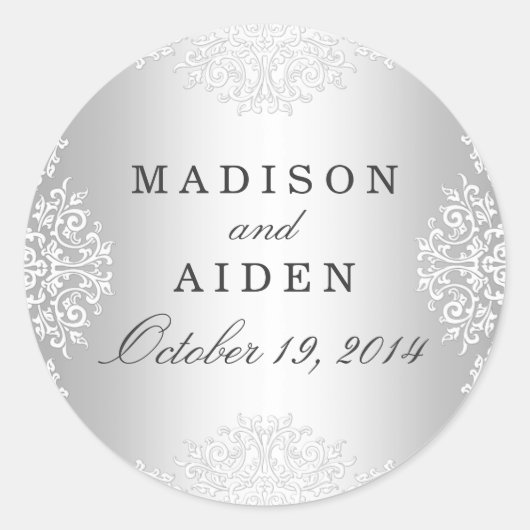 Zilver & Witte Vintage Glamour Trouwsticker Ronde Sticker (Voorkant)