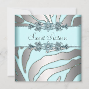 Zilver Zebra Turquoise Blauwe Sweet 16 Verjaardags Kaart