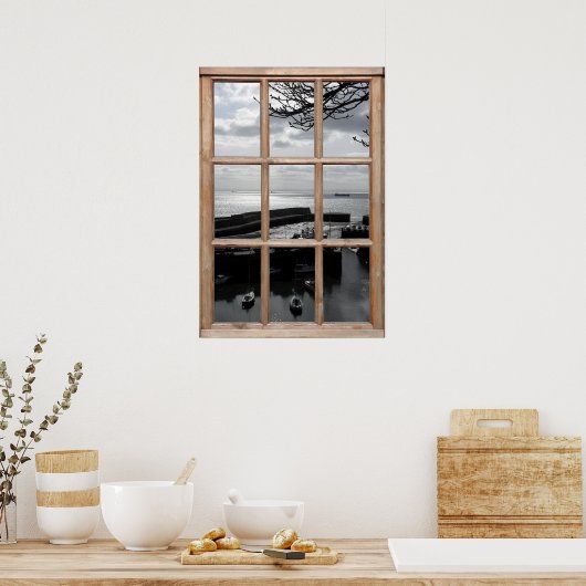 Zilver Zee Uitzicht van een Venster Poster (Keuken)