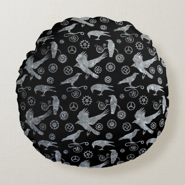 Zilver Zinc Gears en Crows Steampunk Rond Kussen (Voorkant)