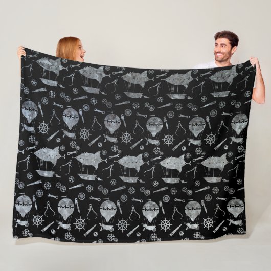 Zilver Zink Steampunk Luchtschip Thema Fleece Deken (In situ)