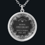 Zilver & Zwart 25ste bruiloft Jubileum Zilver Vergulden Ketting<br><div class="desc">Afbeelding van een zilverkleurige,  glanzende bloemige damast met witte diamanten en aanpasbare tekst,  '25th Wedding Jubileum.</div>