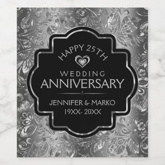 Zilver & Zwart 50ste bruiloft Jubileum Wijn Etiket (Enkel label)