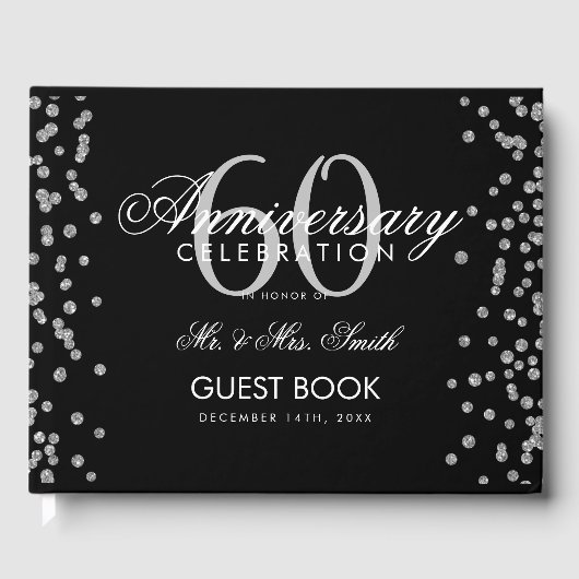 Zilver Zwart 60e Diamanten Jubileum Glitters  Gastenboek (Voorkant)