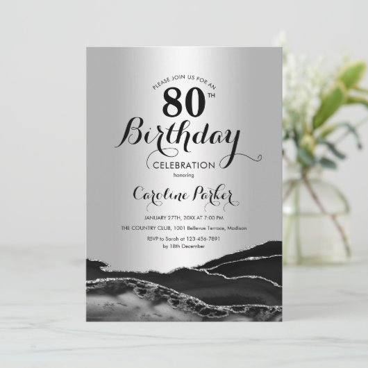 Zilver Zwart Agaat Marmer 80e Verjaardag Kaart (Staand voorkant)
