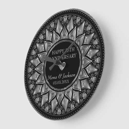 Zilver & Zwart Bloemen Mandala Bruiloft Jubileum Grote Klok (Hoek)