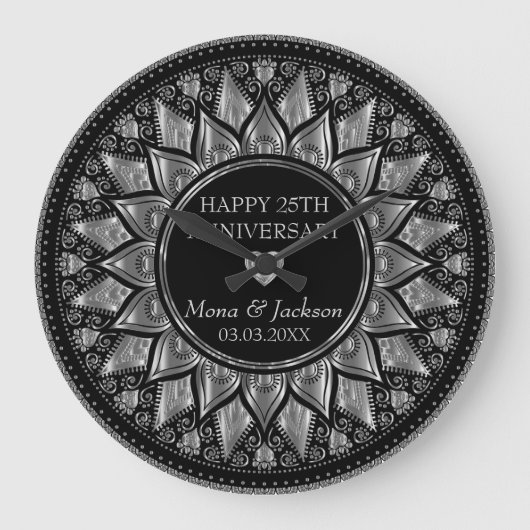 Zilver & Zwart Bloemen Mandala Bruiloft Jubileum Grote Klok (Voorkant)