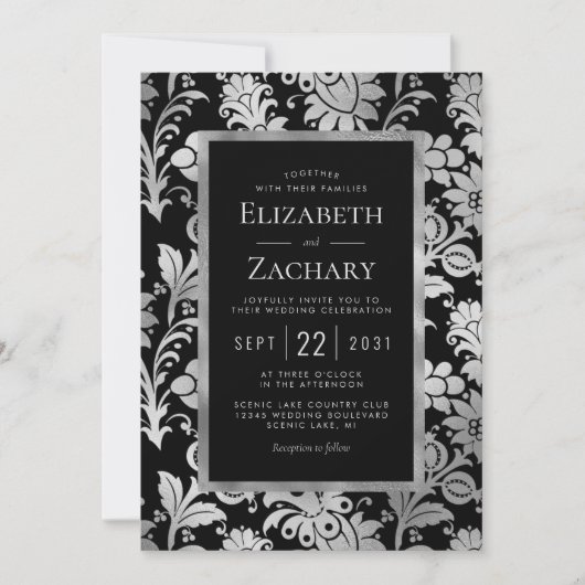 Zilver Zwart  Bloempatroon Trouwen Kaart (Voorkant)