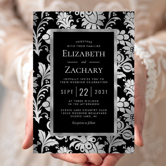 Zilver Zwart  Bloempatroon Trouwen Kaart