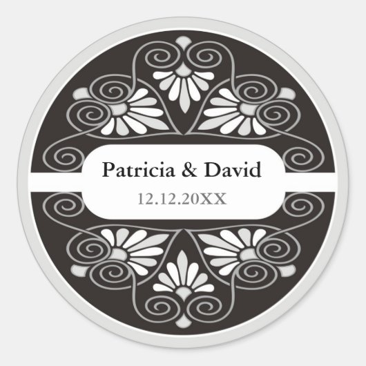 Zilver Zwart Bruiloft Favors Seals Ronde Sticker (Voorkant)