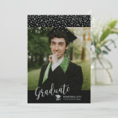 Zilver & Zwart Confetti Foto Afstuderen Aankondiging (Staand voorkant)