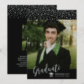 Zilver & Zwart Confetti Foto Afstuderen Aankondiging (Voorkant / Achterkant)