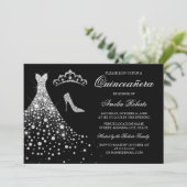 Zilver Zwart Diamant Jurk Tiara Quinceanera Kaart (Staand voorkant)